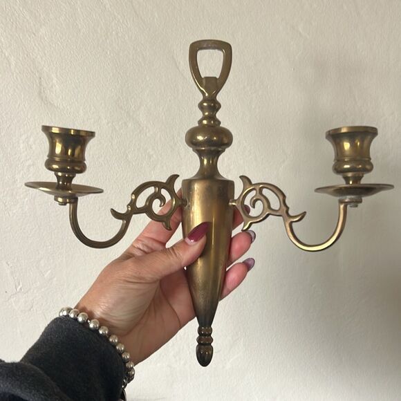 2x Brass Candlestick Sconces Vintage 2 Arm Pair - Picture 10 of 11